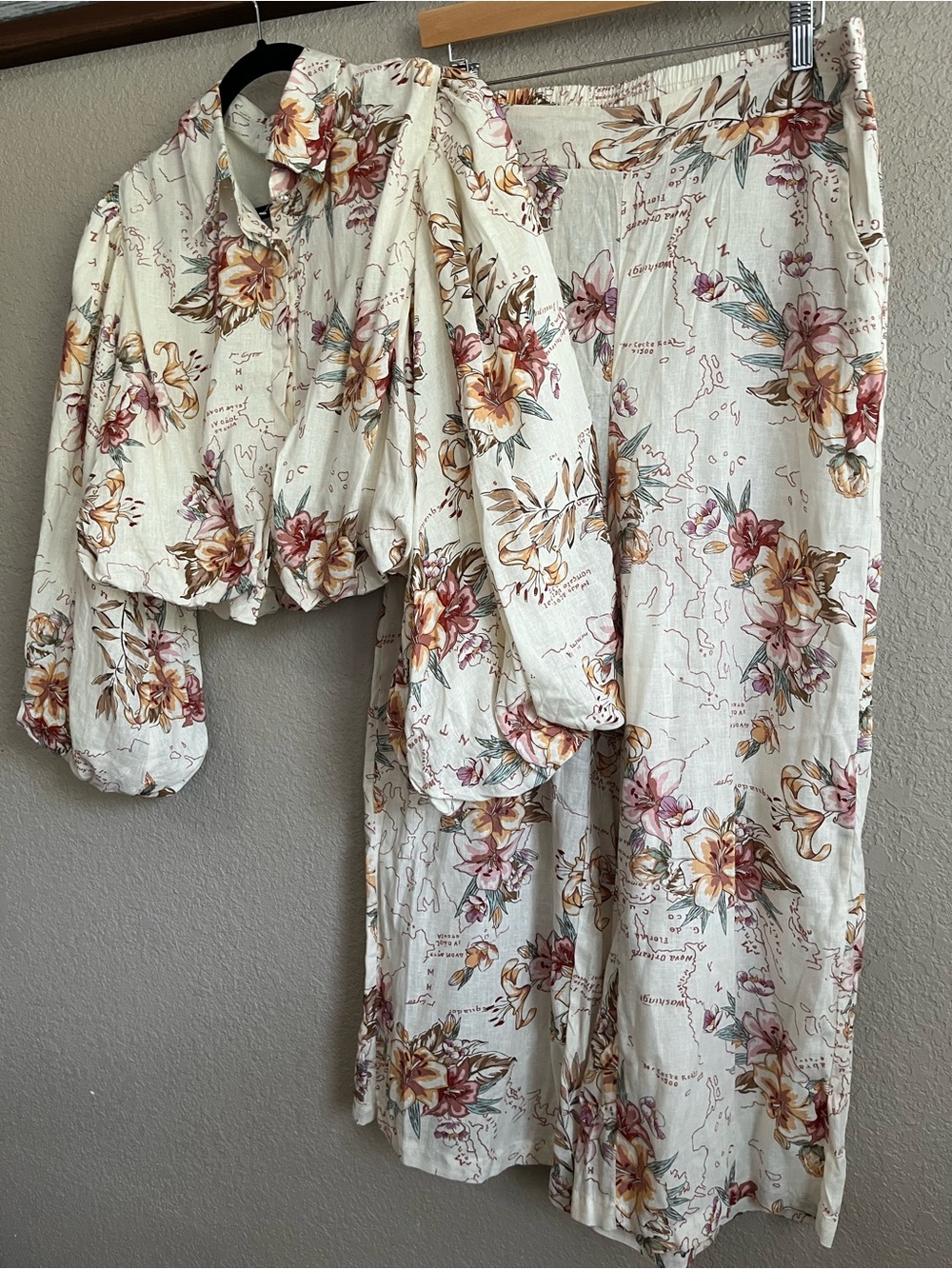 Calypso St. Barth Linen Map Print Two Piece Set - Top & Wide Leg Pants Medium